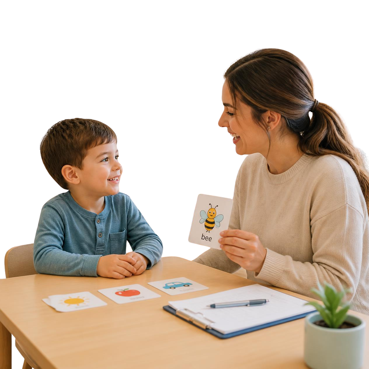 Speech pathologist helping a child communicate